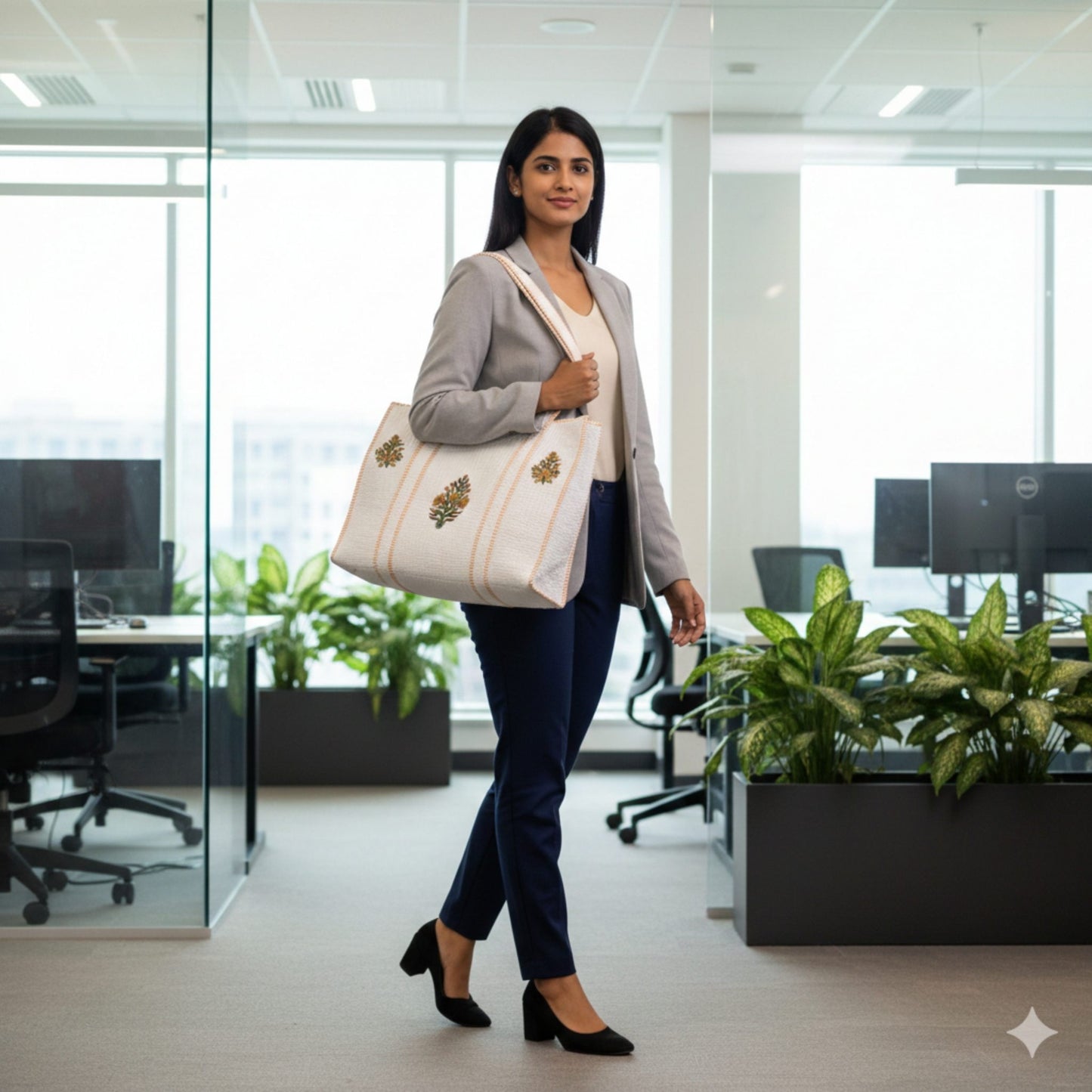 Woman in a professional setting holding a large tote bag.