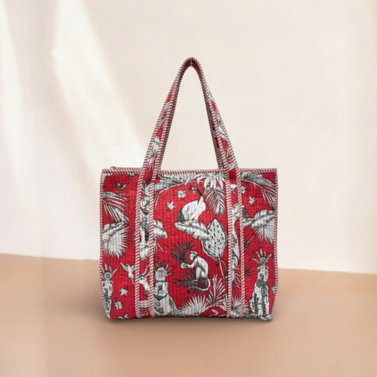 Red Heritage Quilted Cotton Tote Bag Set (4 Pieces) | Handcrafted Travel & Everyday Essential