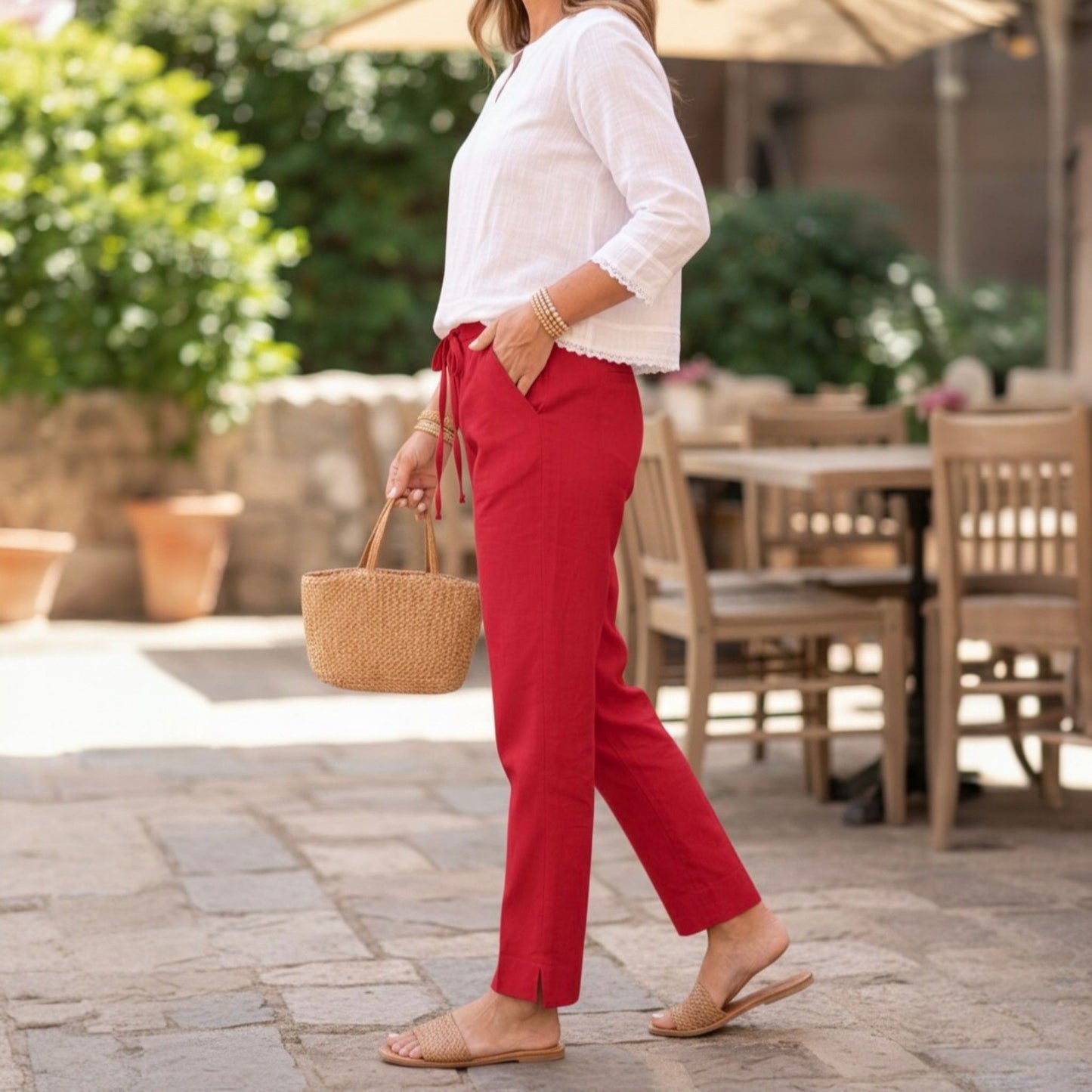OMVAI Red Cotton Pants : Relaxed Fit, Breathable & Comfortable