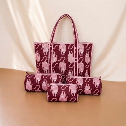 Pink Tiger Quilted Cotton Tote Bag Set (4 Pieces) | Handcrafted & Light-Weight