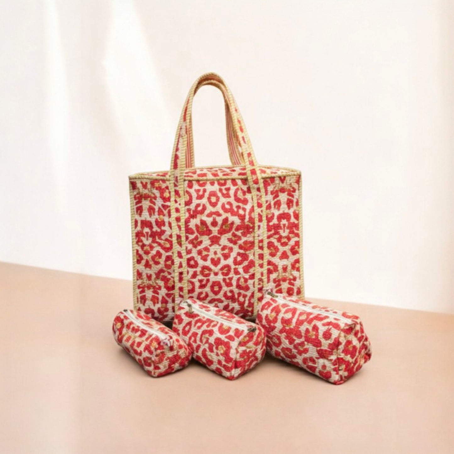 Leopard Print Quilted Canvas Tote Bag Set (4 Pieces) | Handcrafted & Lightweight