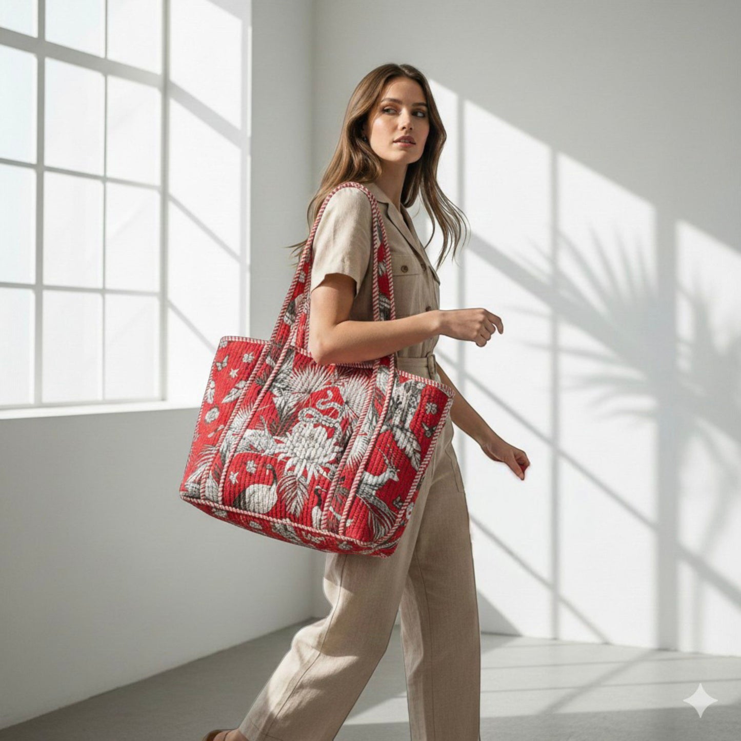 Red Heritage Quilted Cotton Tote Bag Set (4 Pieces) | Handcrafted Travel & Everyday Essential