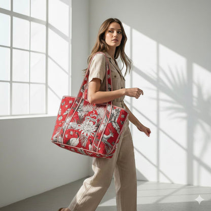 Red Heritage Quilted Cotton Tote Bag Set (4 Pieces) | Handcrafted Travel & Everyday Essential