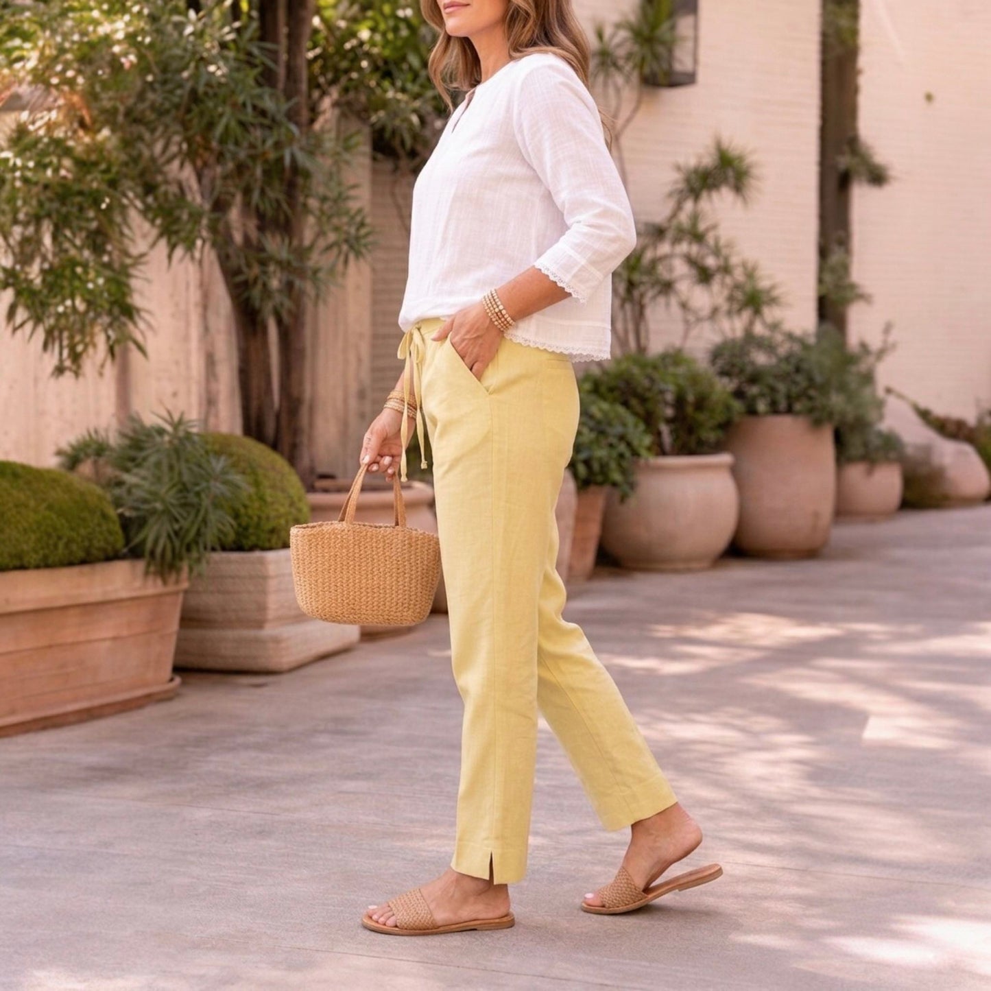 OMVAI Creamy Yellow Cotton Pants : Relaxed Fit, Breathable & Comfortable