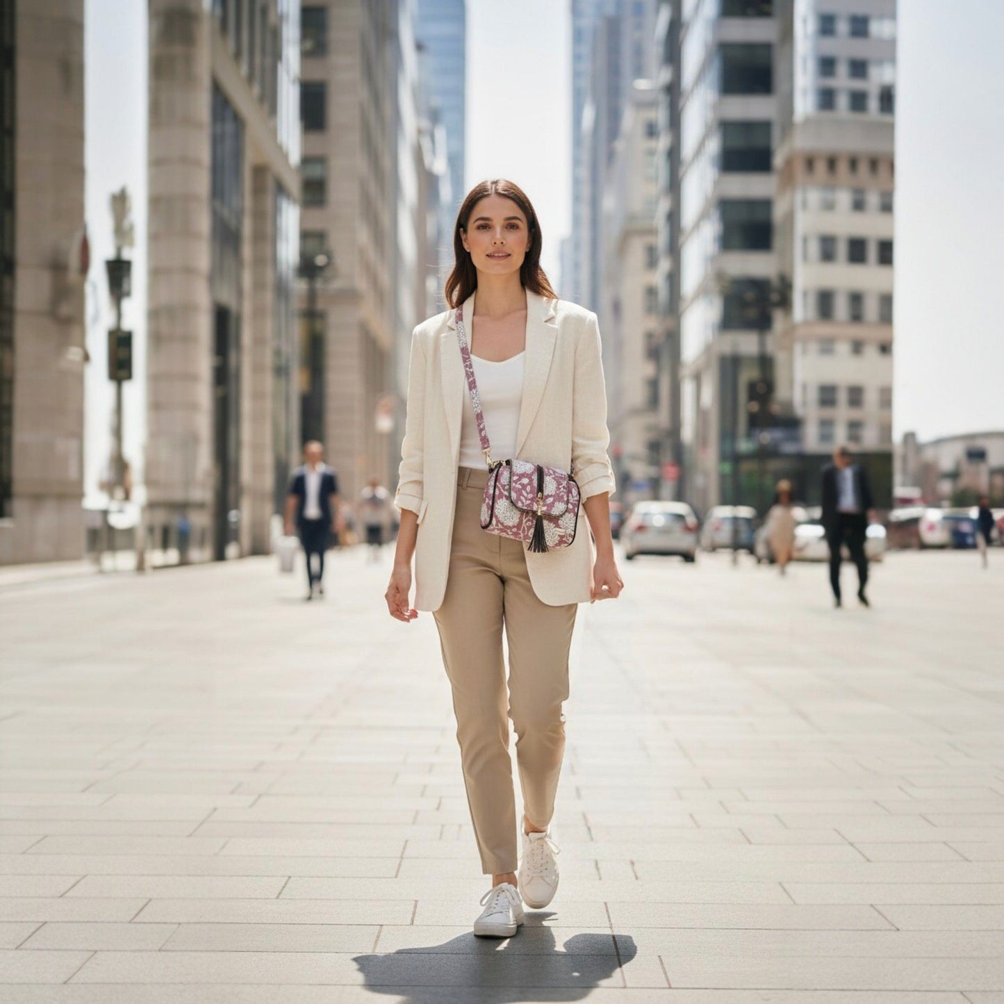 Woman walking on a city street wearing a beige blazer and pants with a white shirt.