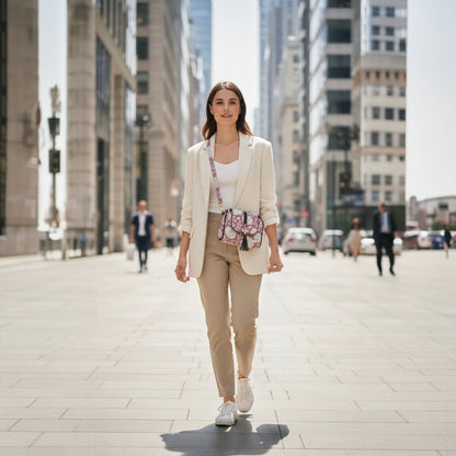 Woman walking on a city street wearing a beige blazer and pants with a white shirt.