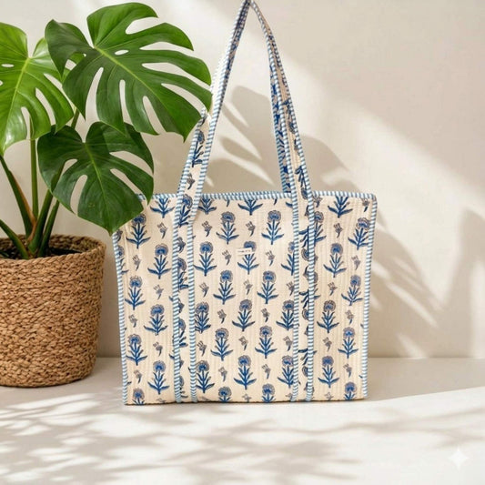 Azure Bloom - OMVAI Quilted Cotton Tote Bag