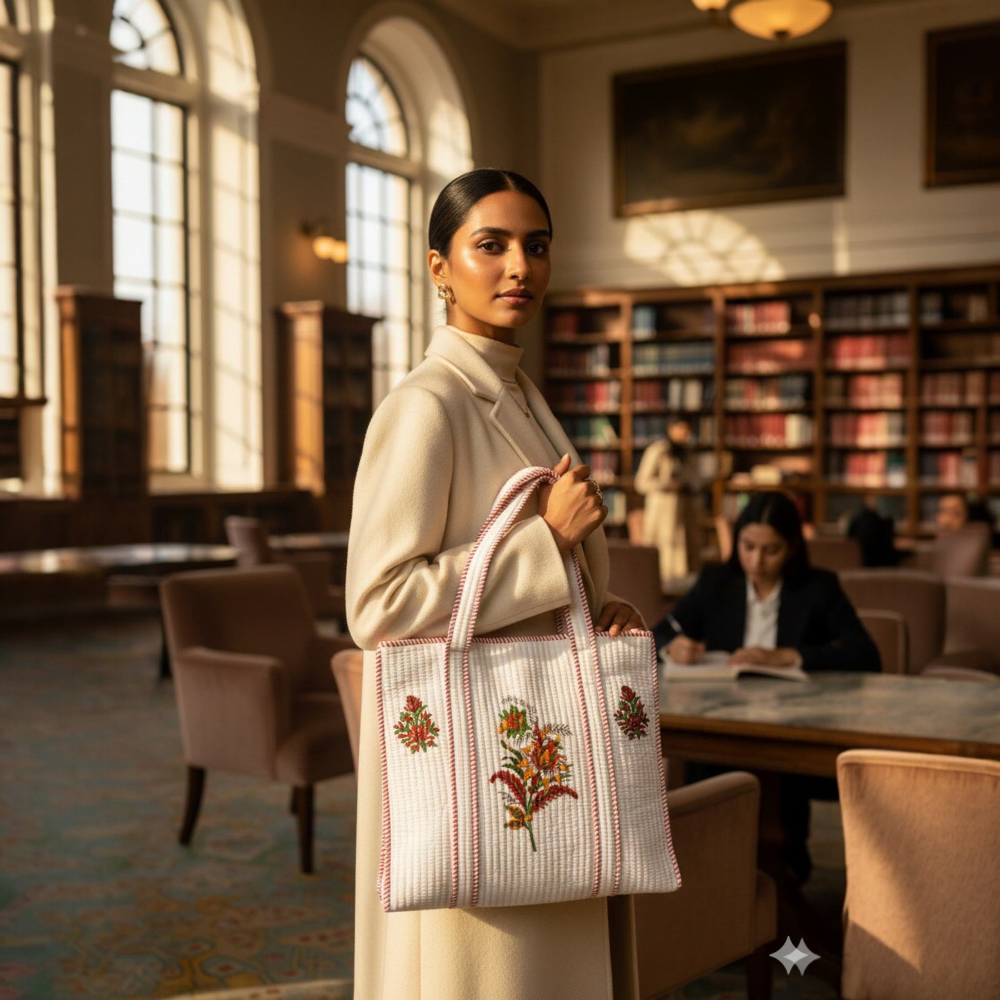 Woman holding a tote bag with floral designs in a library setting