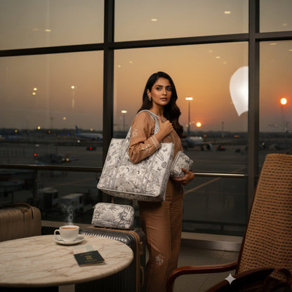 Ivory Grey Monochrome Quilted Tote Bag Set (4-Piece) | Handcrafted Cotton