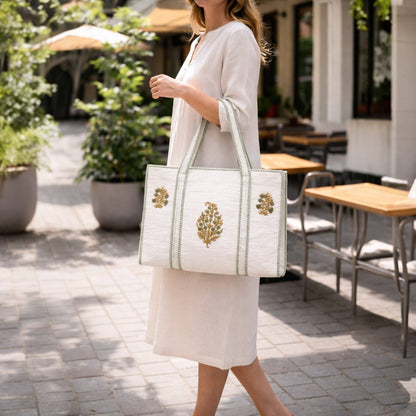 White Green Handblock Cotton Tote Bag | Handcrafted & Lightweight