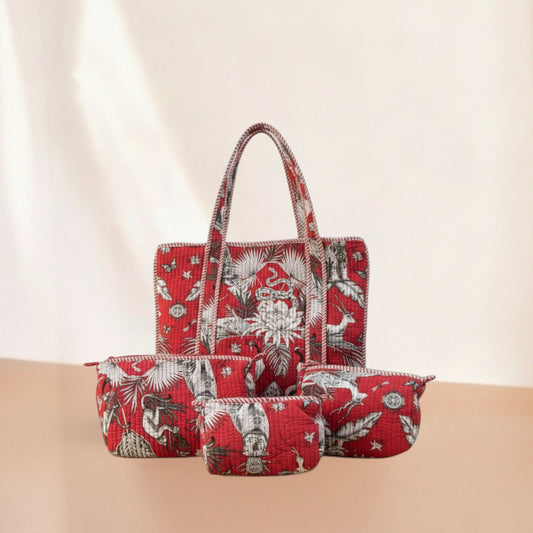 Red Heritage Quilted Cotton Tote Bag Set (4 Pieces) | Handcrafted Travel & Everyday Essential