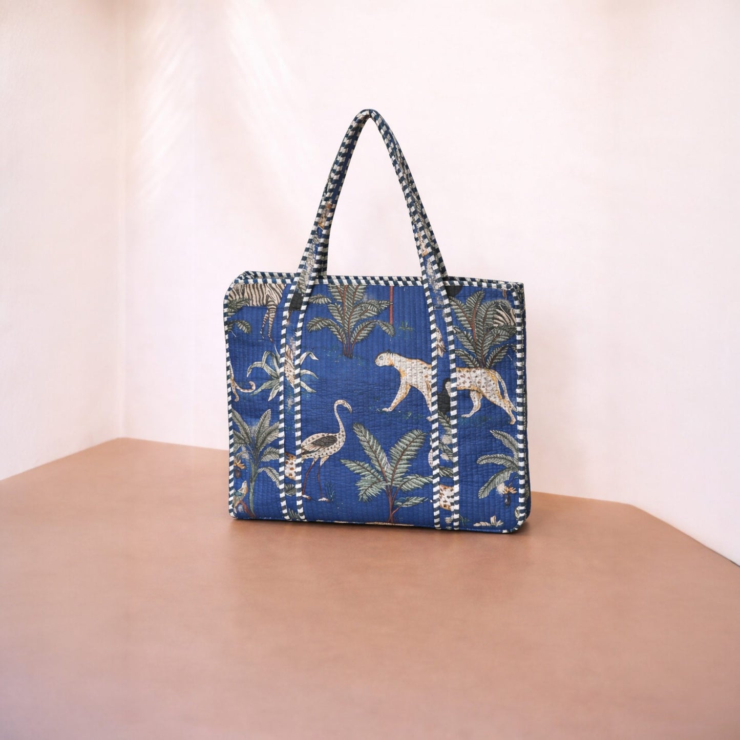 Royal Blue Jungle Print Quilted Tote Bag Set (4-Piece) | Handcrafted Cotton