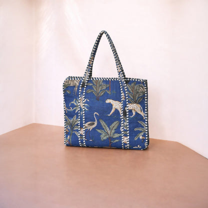 Royal Blue Jungle Print Quilted Tote Bag Set (4-Piece) | Handcrafted Cotton