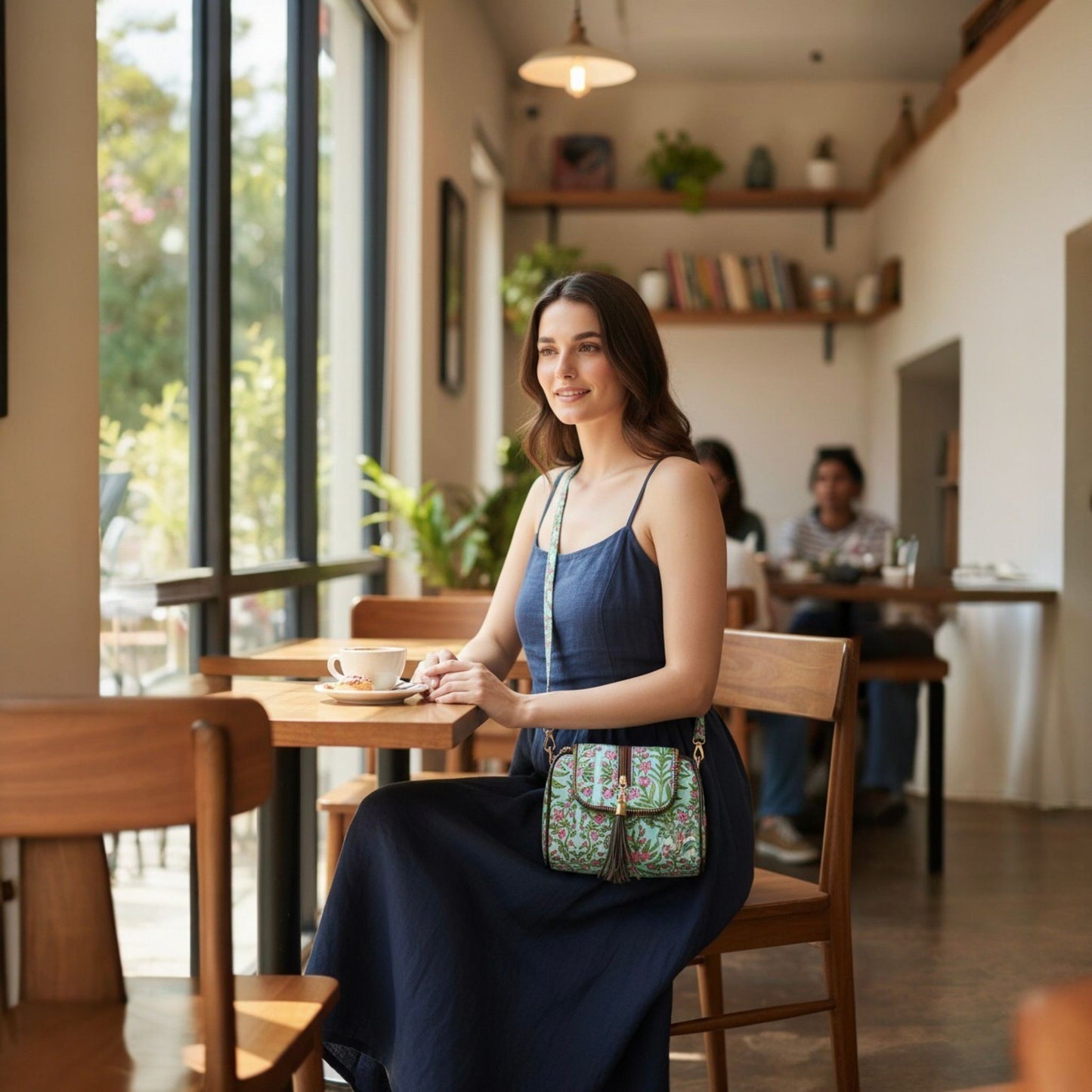Woman sitting at a table in a cafe with a handbag on her lap