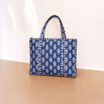 Indigo Blue Block Print Quilted Tote Bag Set (4-Piece) | Handcrafted Cotton