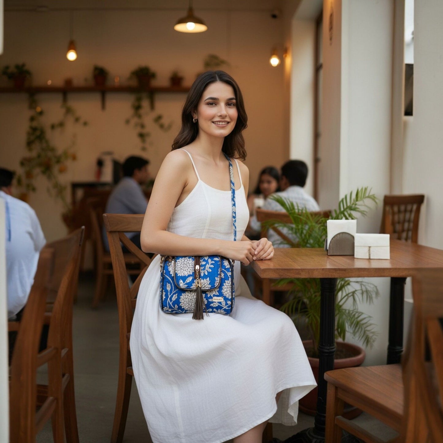 Woman in a white dress holding a blue handbag in a restaurant setting