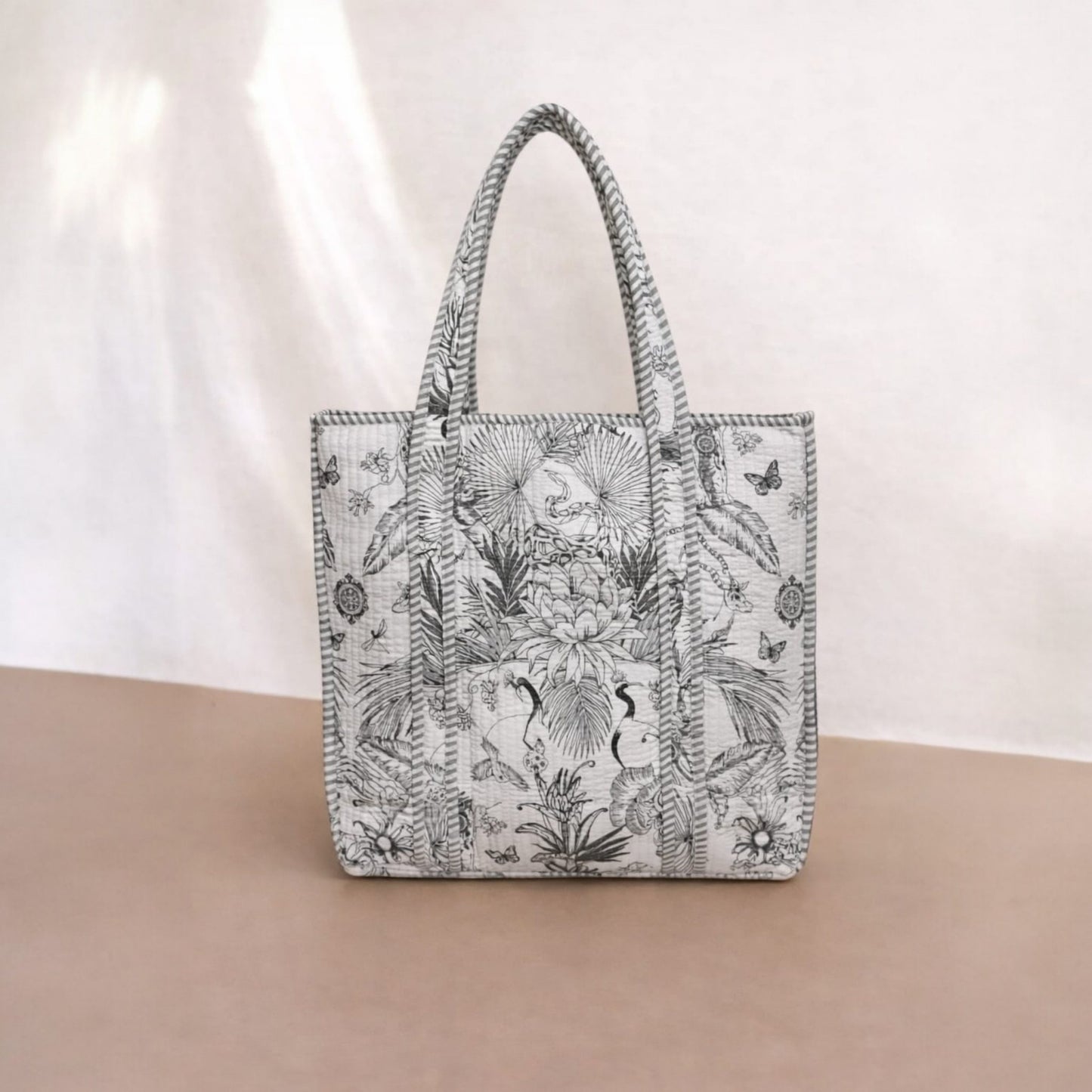 Ivory Grey Monochrome Quilted Tote Bag Set (4-Piece) | Handcrafted Cotton