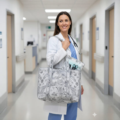 Ivory Grey Monochrome Quilted Tote Bag Set (4-Piece) | Handcrafted Cotton
