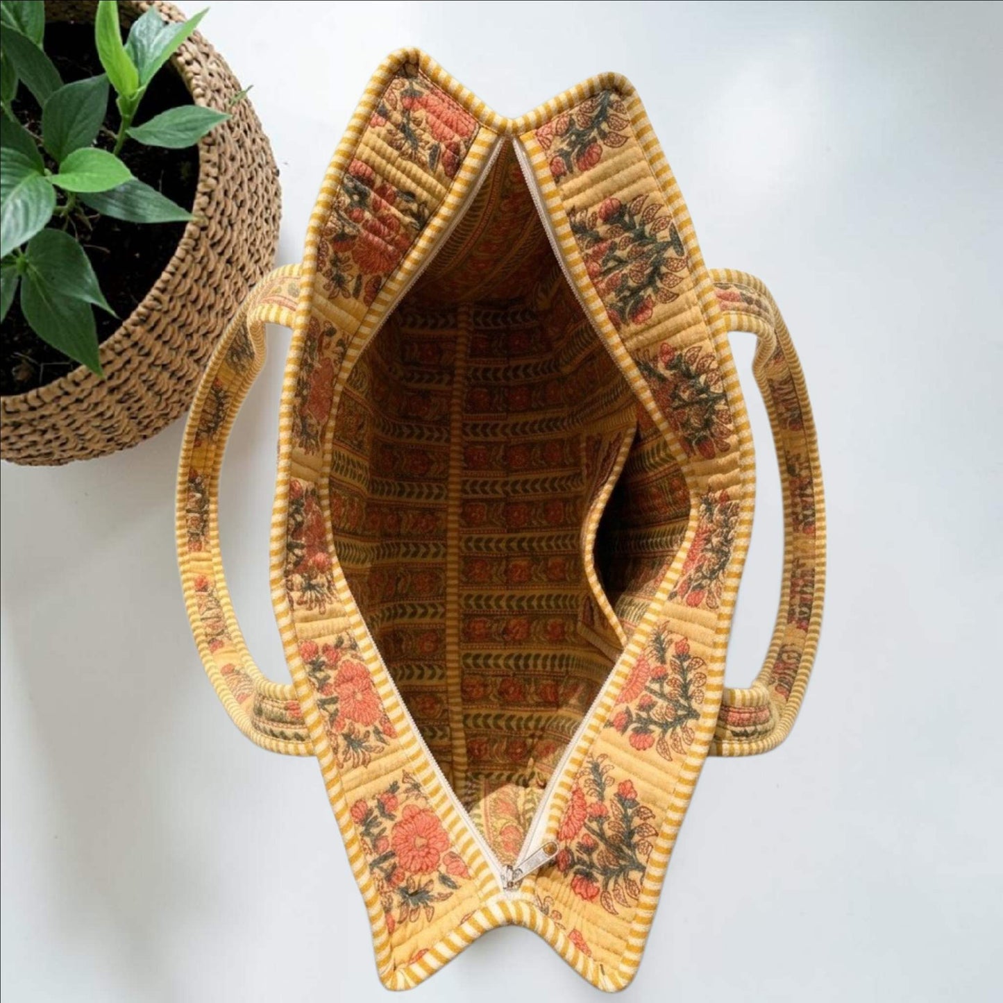 Golden Bloom – Premium OMVAI Quilted Cotton Tote Bag