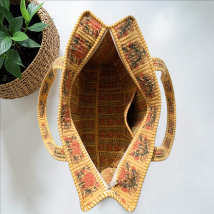 Golden Bloom – Premium OMVAI Quilted Cotton Tote Bag
