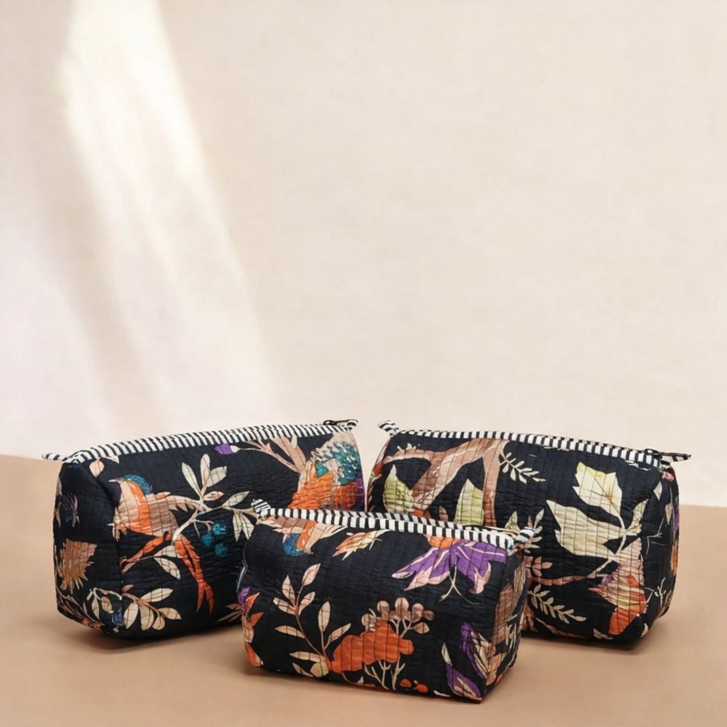 Black Floral Quilted Tote Bag Set (4-Piece) | Handcrafted Cotton