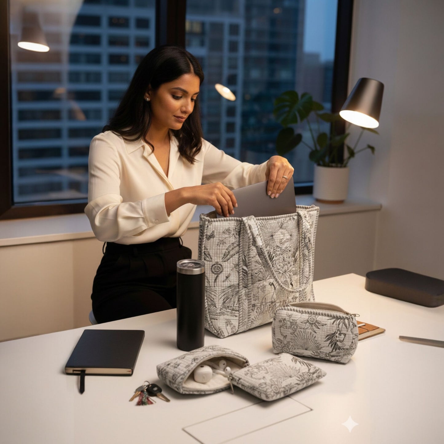 Ivory Grey Monochrome Quilted Tote Bag Set (4-Piece) | Handcrafted Cotton