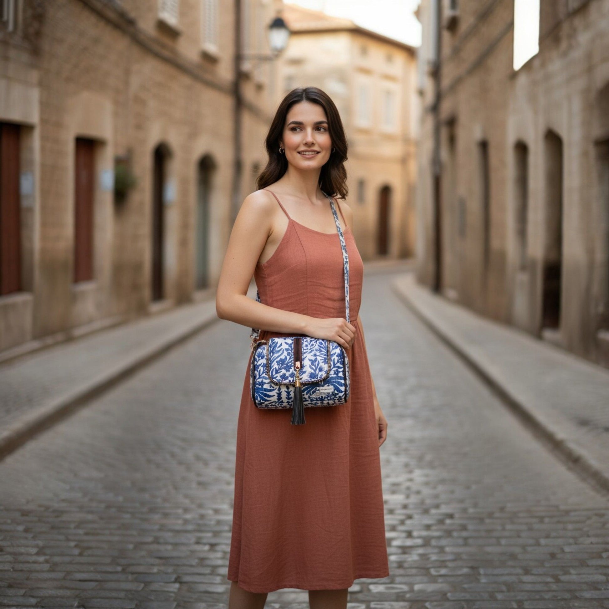 Woman in a rust-colored dress holding a blue and white patterned handbag on a cobblestone street.