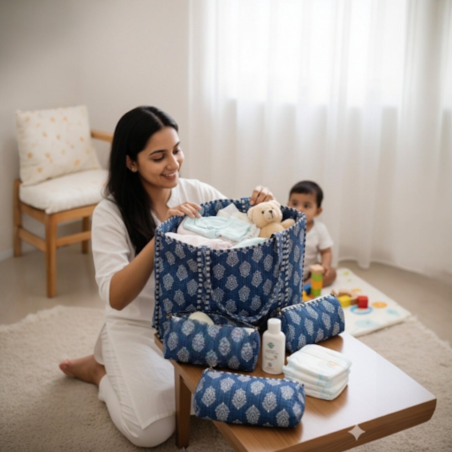Woman organizing baby items in a blue patterned basket with a child playing in the background.