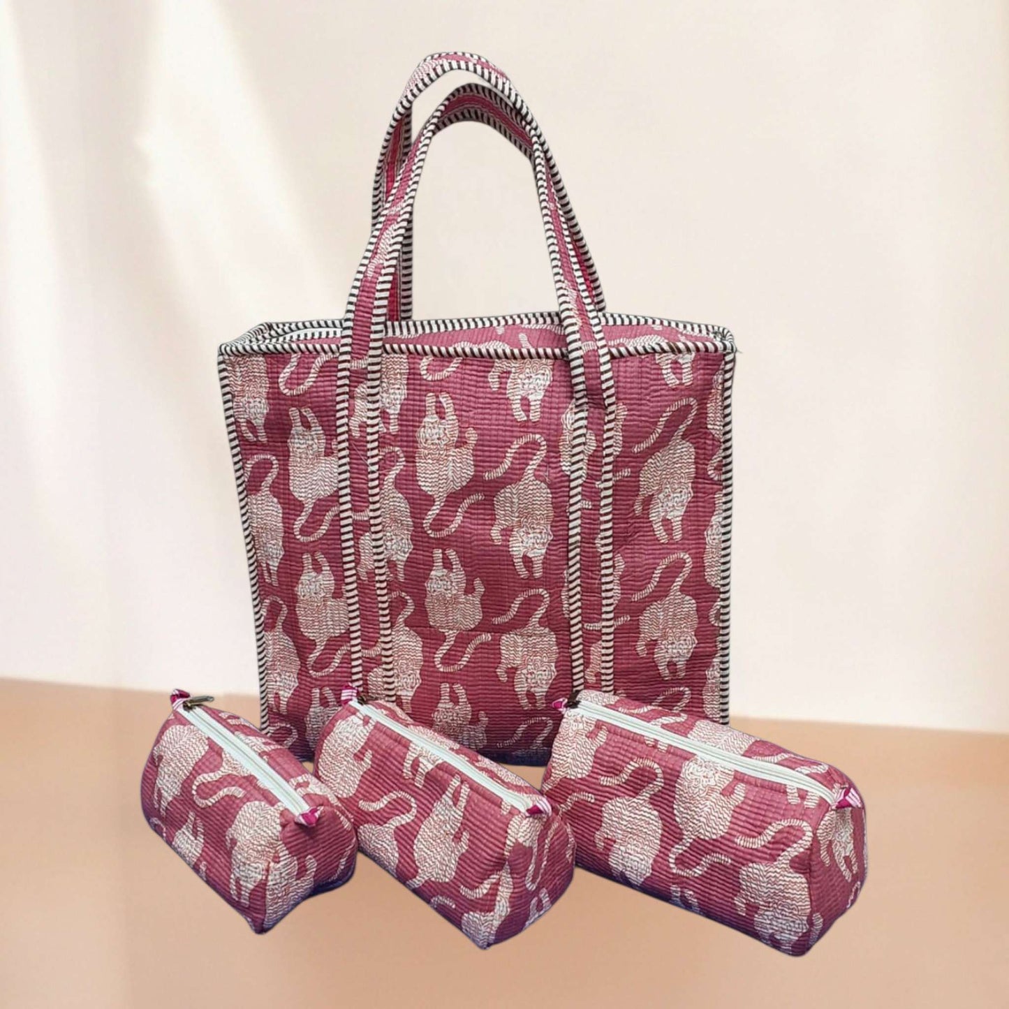 Pink Tiger Quilted Cotton Tote Bag Set (4 Pieces) | Handcrafted & Light-Weight