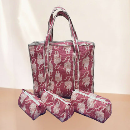 Pink Tiger Quilted Cotton Tote Bag Set (4 Pieces) | Handcrafted & Light-Weight