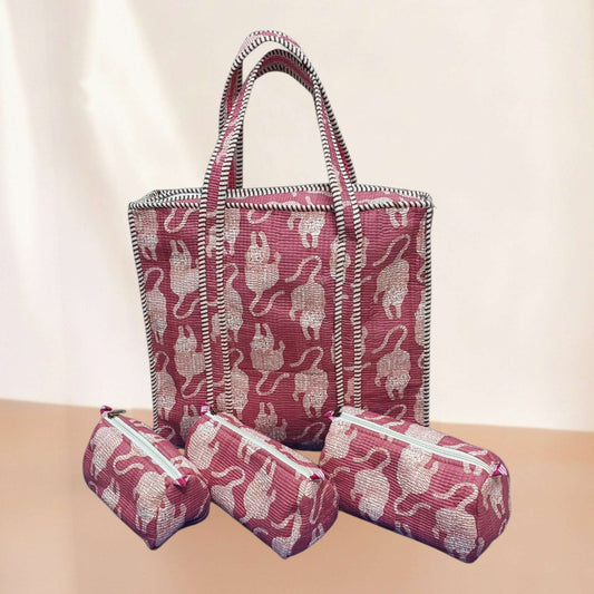 Pink Tiger Quilted Cotton Tote Bag Set (4 Pieces) | Handcrafted & Light-Weight