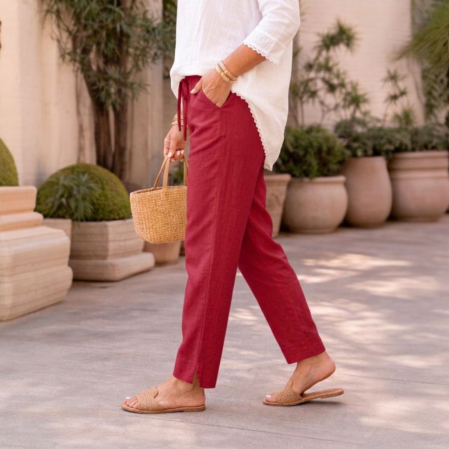 OMVAI Red Cotton Pants : Relaxed Fit, Breathable & Comfortable