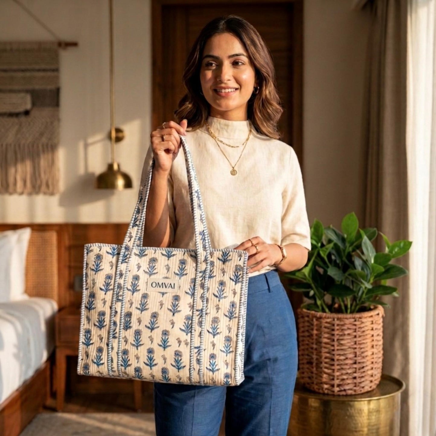 Azure Bloom - OMVAI Quilted Cotton Tote Bag