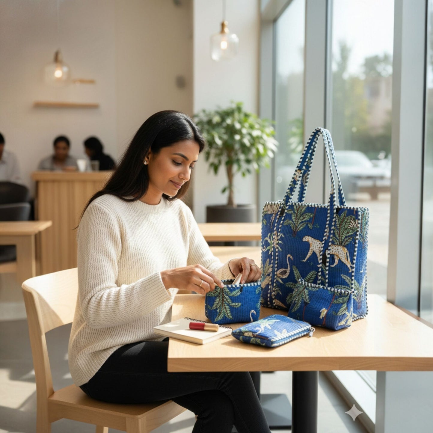 Woman sitting at a table with blue handbags featuring animal prints.
