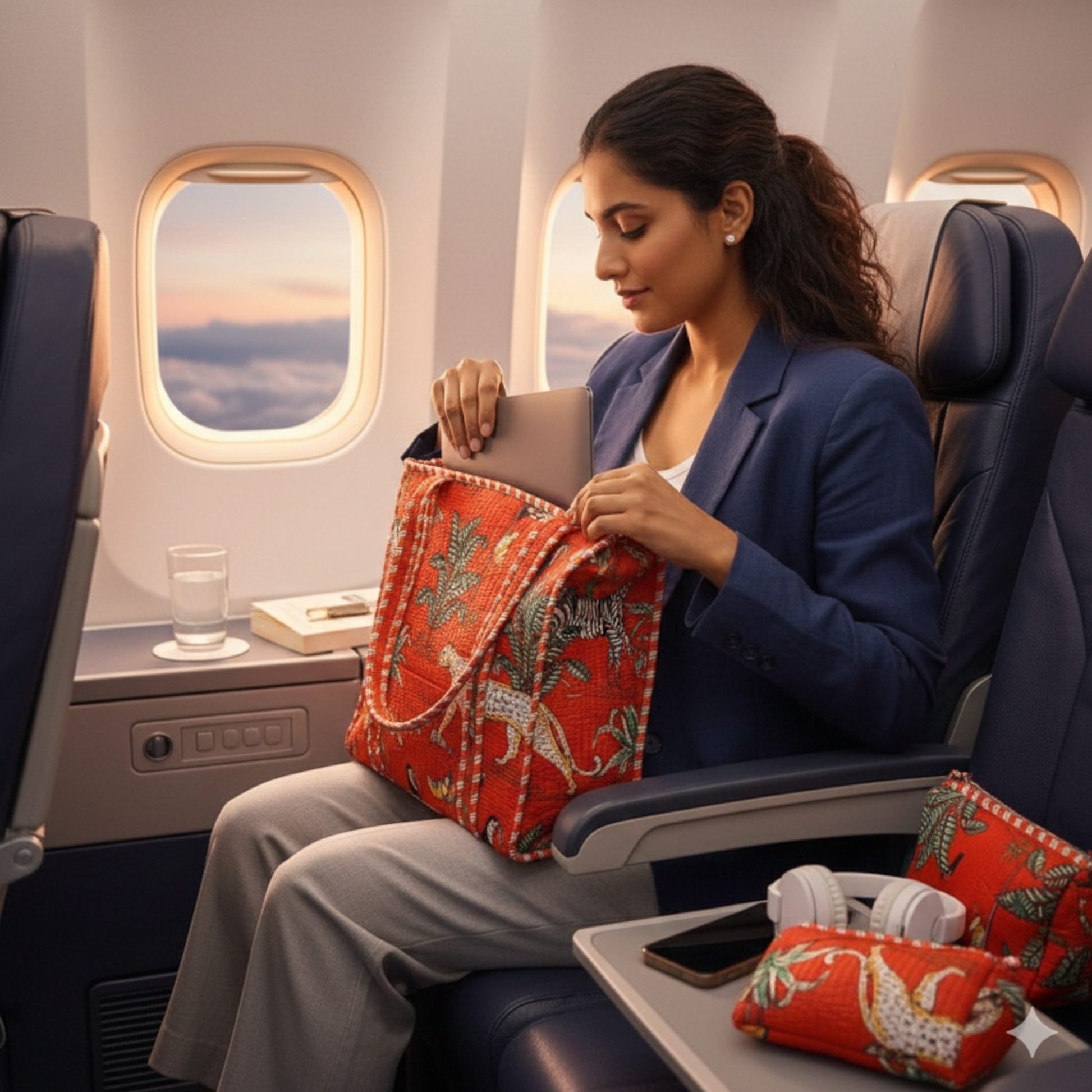 Woman sitting in an airplane seat with a red patterned bag and phone.