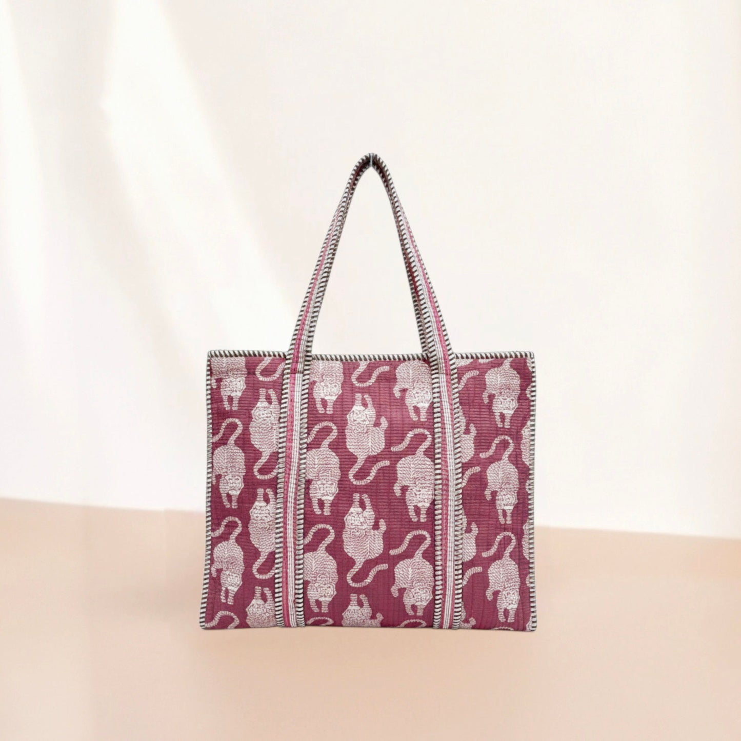 Pink Tiger Quilted Cotton Tote Bag Set (4 Pieces) | Handcrafted & Light-Weight