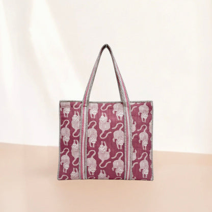 Pink Tiger Quilted Cotton Tote Bag Set (4 Pieces) | Handcrafted & Light-Weight