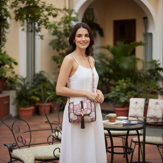 Woman in a white dress holding a patterned handbag in an outdoor setting with plants and furniture.