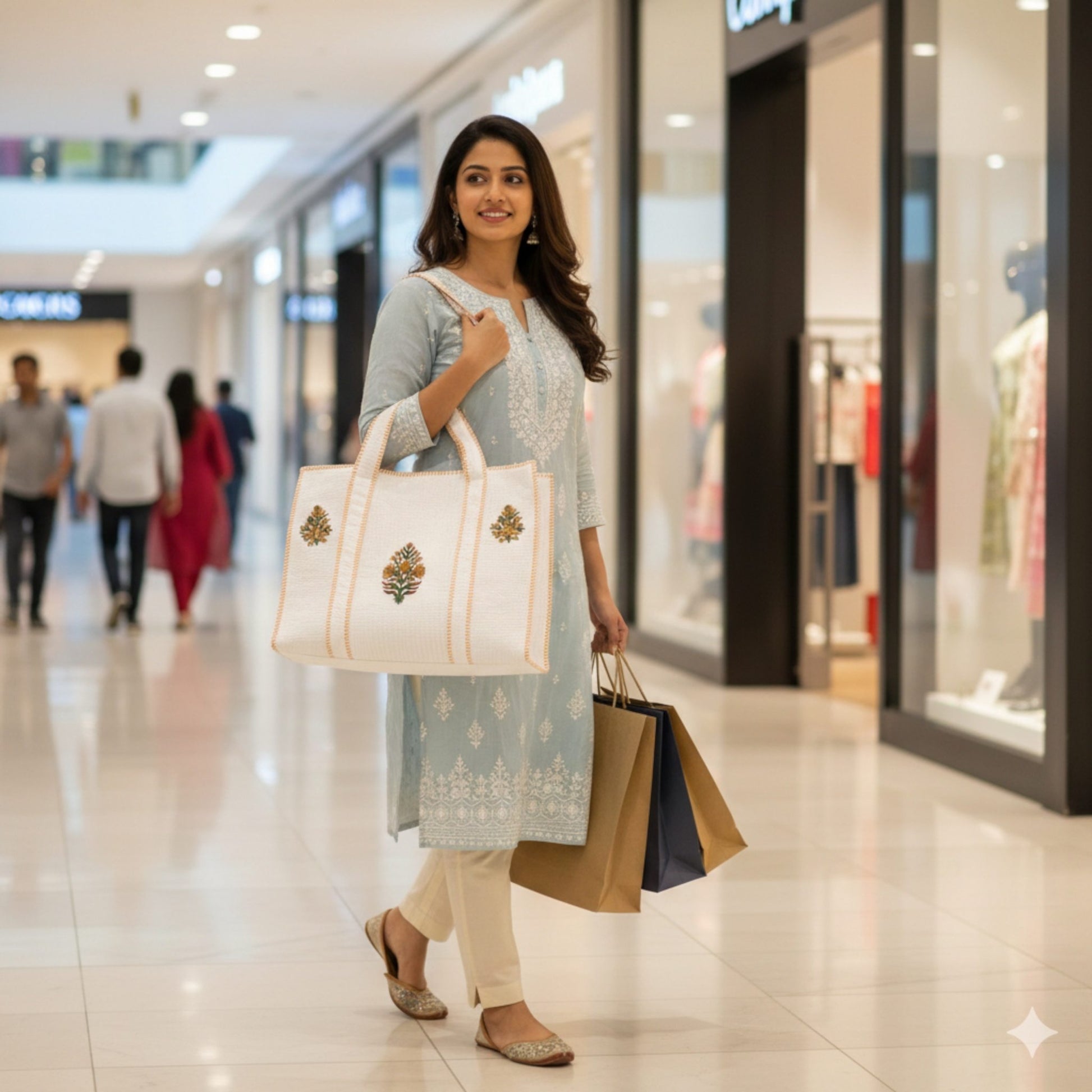 Woman holding a white handbag with floral designs in a shopping mall.
