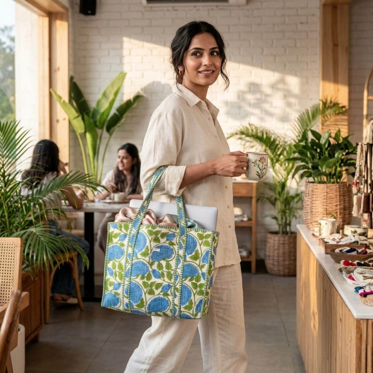 Green Bloom - Premium OMVAI Quilted Cotton Tote Bag