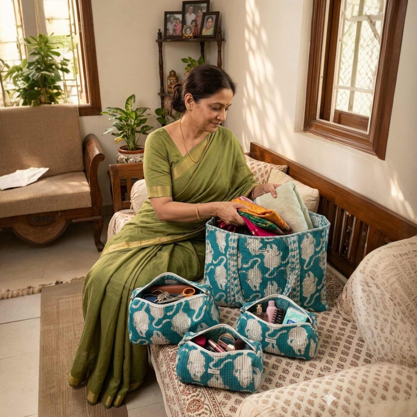Mint Green Elegance Quilted Cotton Tote Bag Set (4-Pieces) | Handcrafted & Light-Weight