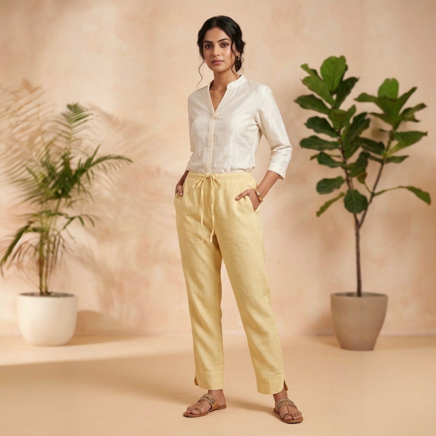 OMVAI Creamy Yellow Cotton Pants : Relaxed Fit, Breathable & Comfortable