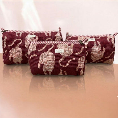 Pink Tiger Quilted Cotton Tote Bag Set (4 Pieces) | Handcrafted & Light-Weight