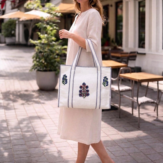White Powder Plant Handblock Cotton Tote Bag | Handcrafted & Lightweight