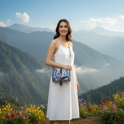 Woman in a white dress holding a blue bag in a cozy log cabin with Christmas decorations.