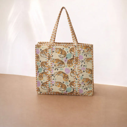Beige Tiger Print Quilted Tote Bag Set (4-Piece) | Handcrafted Cotton