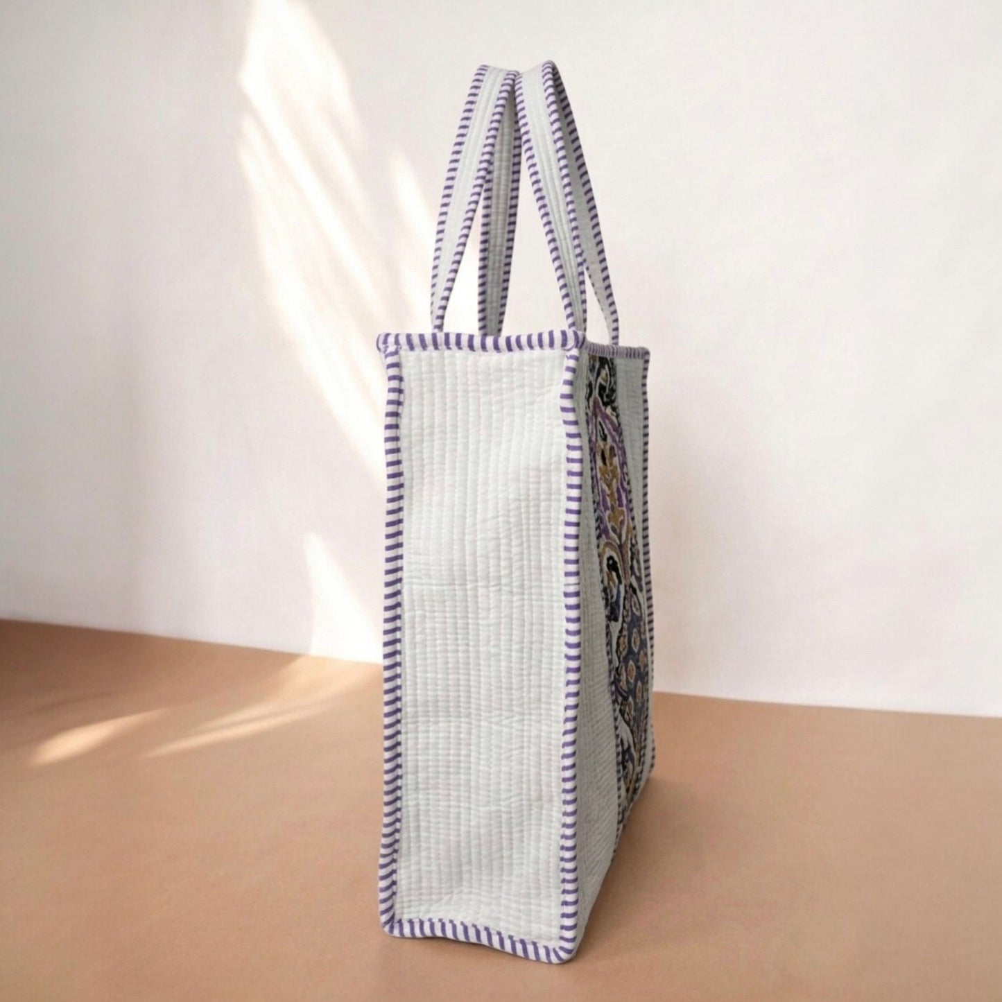 White Floral Orchid Purple Handblock Cotton Tote Bag | Handcrafted & Lightweight