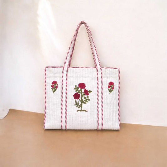 White Powder Gulabi Handblock Cotton Tote Bag | Handcrafted & Lightweight