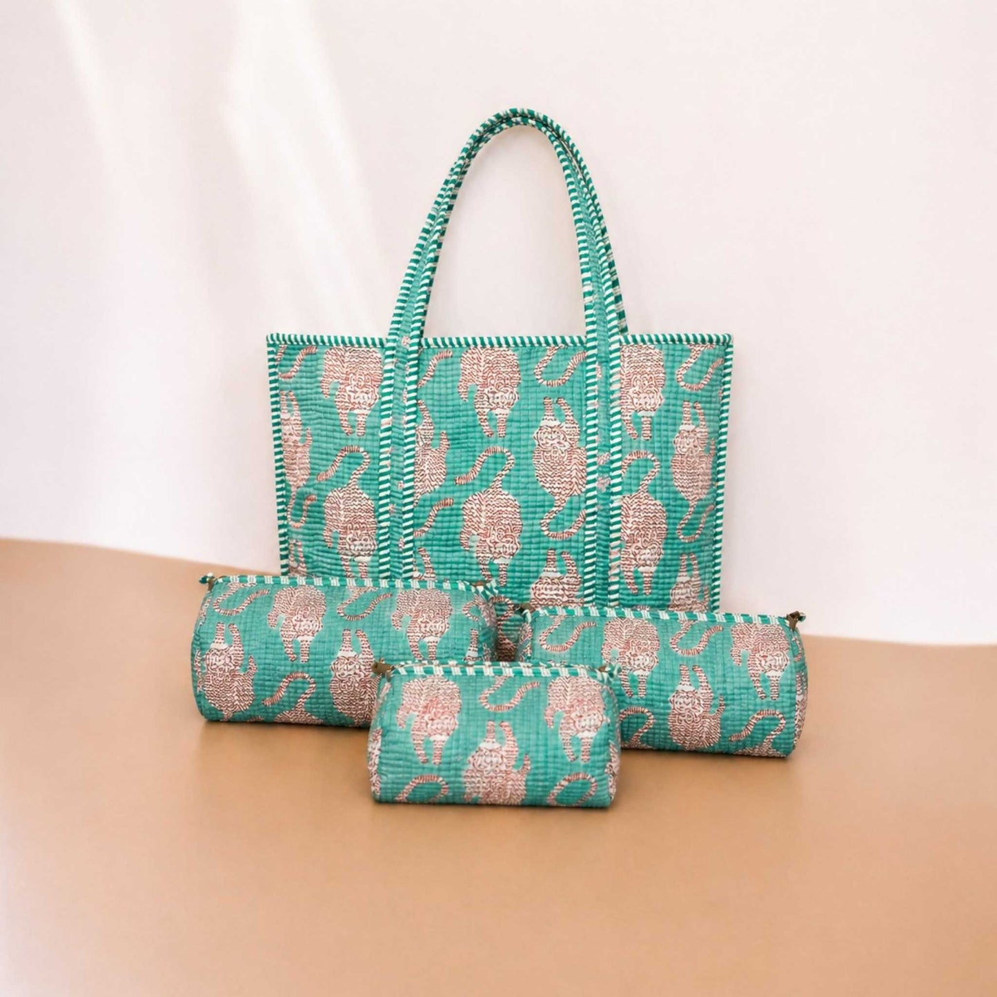 Mint Green Elegance Quilted Cotton Tote Bag Set (4-Pieces) | Handcrafted & Light-Weight