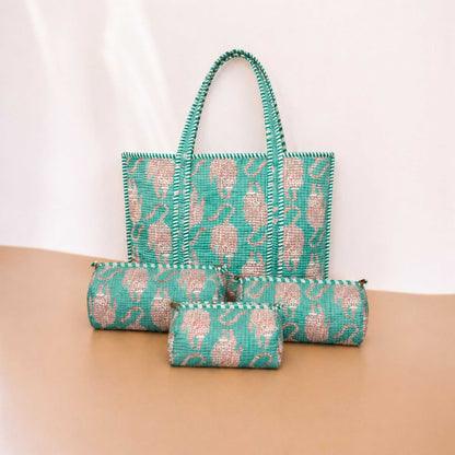 Mint Green Elegance Quilted Cotton Tote Bag Set (4-Pieces) | Handcrafted & Light-Weight